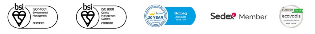 Aurora Promotional Merchandise accreditations — BPMA accredited member, EcoVadis Platinum top 1% sustainability rating, ISO 9001 quality management certified, ISO 14001 environmental management certified, Sedex ethical supply chain member