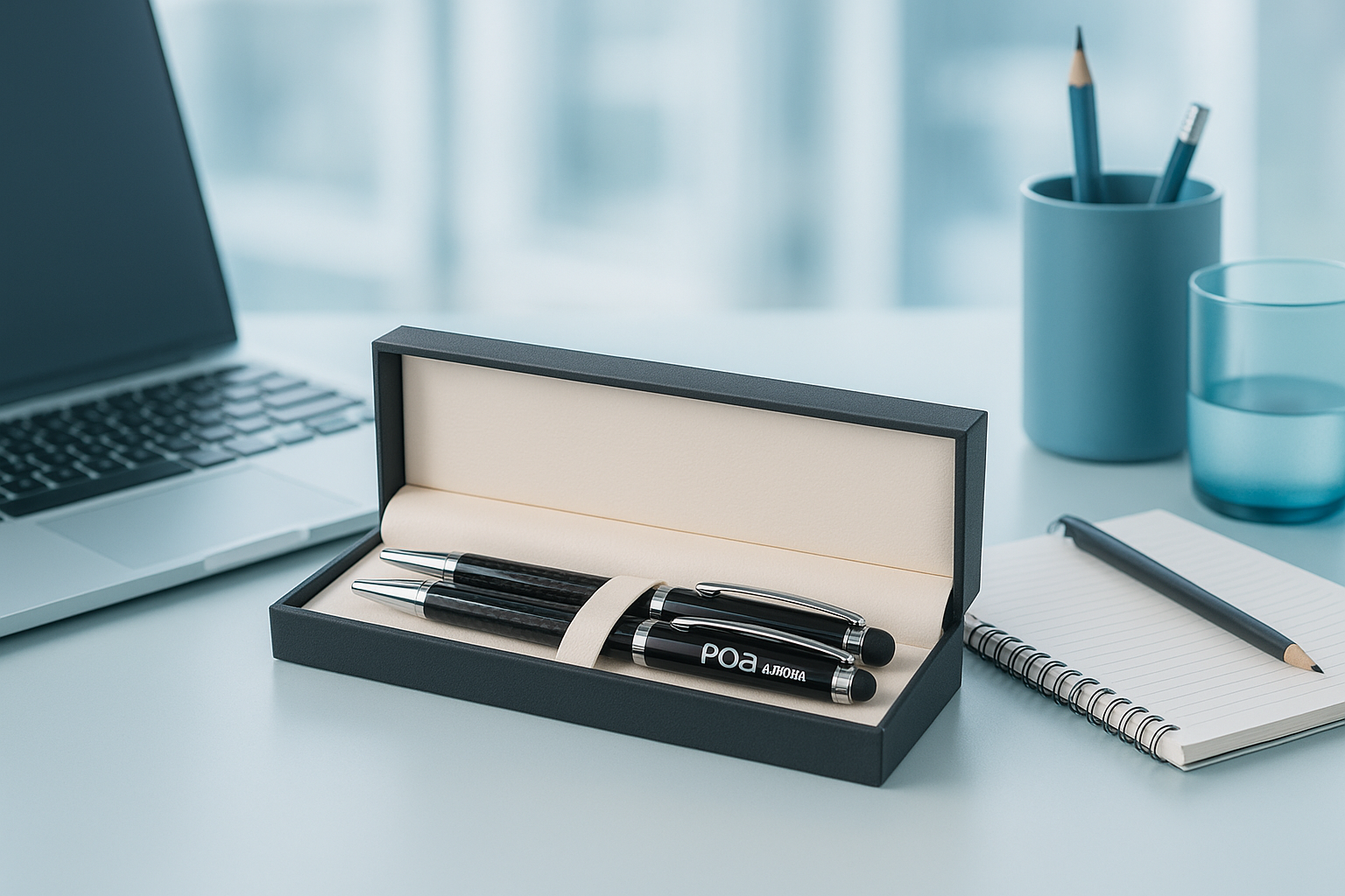 Carbon Fibre Ball Pen & Rollerball Set on a modern office desk.