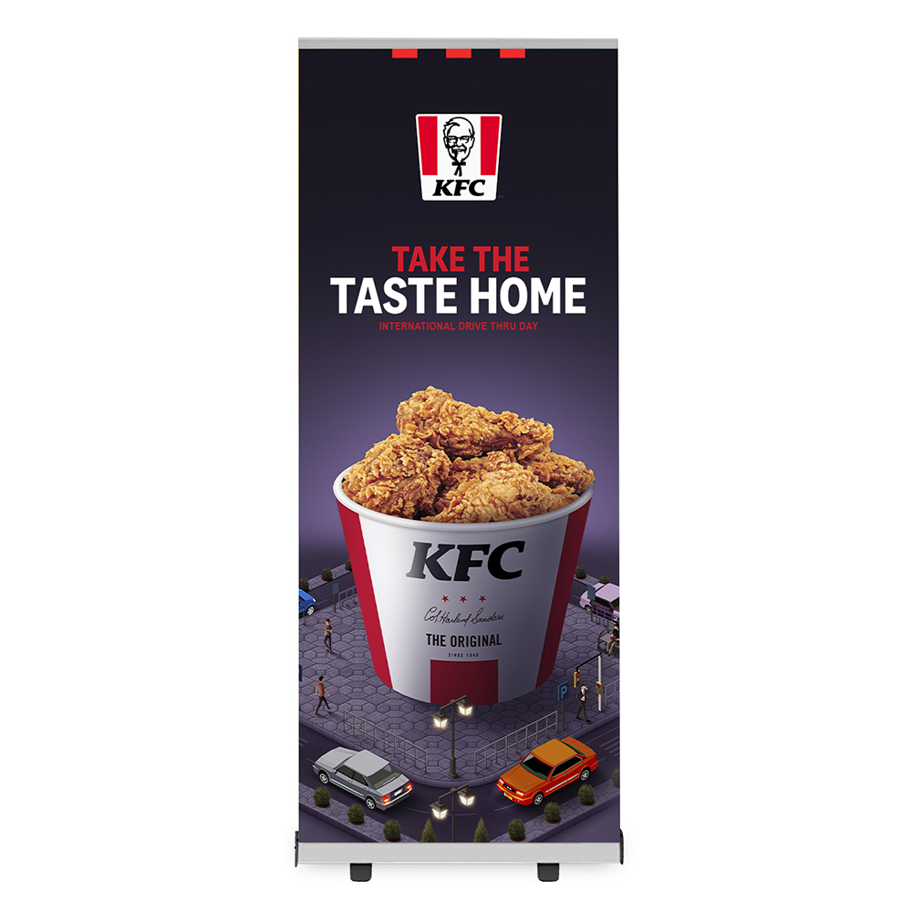 Roller banner with KFC branding, featuring a large food image and text, branded with your logo